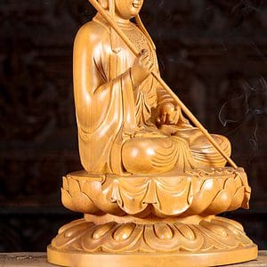 10 Light Vietnamese Wooden Sculpture Seated With Large Staff Holdinf Ball C