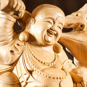 12 Wooden Fat Happy Standing Buddha With Fish C