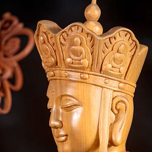 15 Light Vietnamese Wooden Sculpture Seated With Large Staff Holdinf Ball C