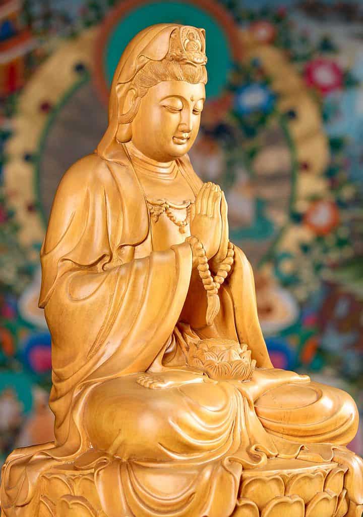 19 Vietnamese Hand Carved Light Colored Wooden Kwan Yin Sculpture C