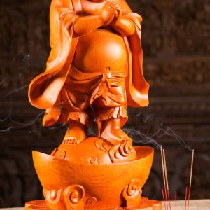 2 Vietnamese Wood Standing Fat Happy Buddha Of Wealth Statue C