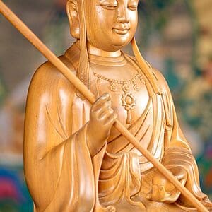 20 Light Vietnamese Wooden Sculpture Seated With Large Staff Holdinf Ball C