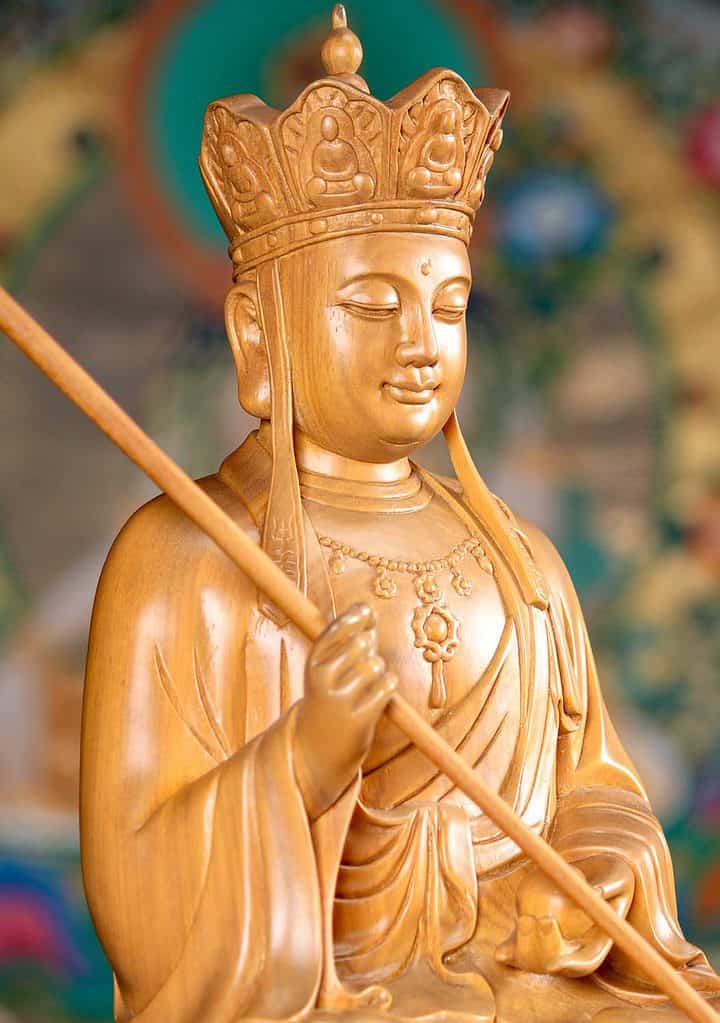 20 Light Vietnamese Wooden Sculpture Seated With Large Staff Holdinf Ball C