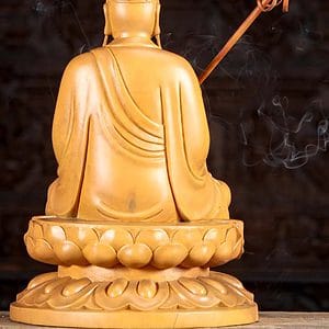 26 Light Vietnamese Wooden Sculpture Seated With Large Staff Holdinf Ball C