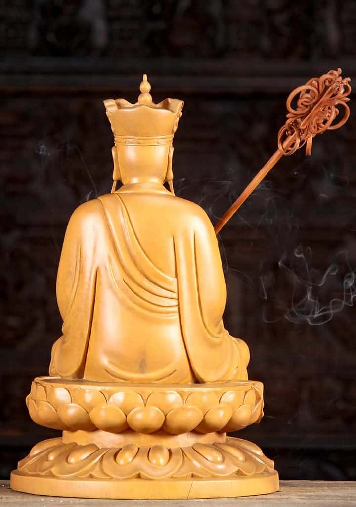 26 Light Vietnamese Wooden Sculpture Seated With Large Staff Holdinf Ball C