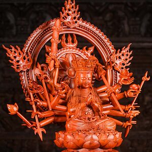 3 Avalokitshvara Wood Sculpture Buddhist Statue Many Arms Namaste Anjali C