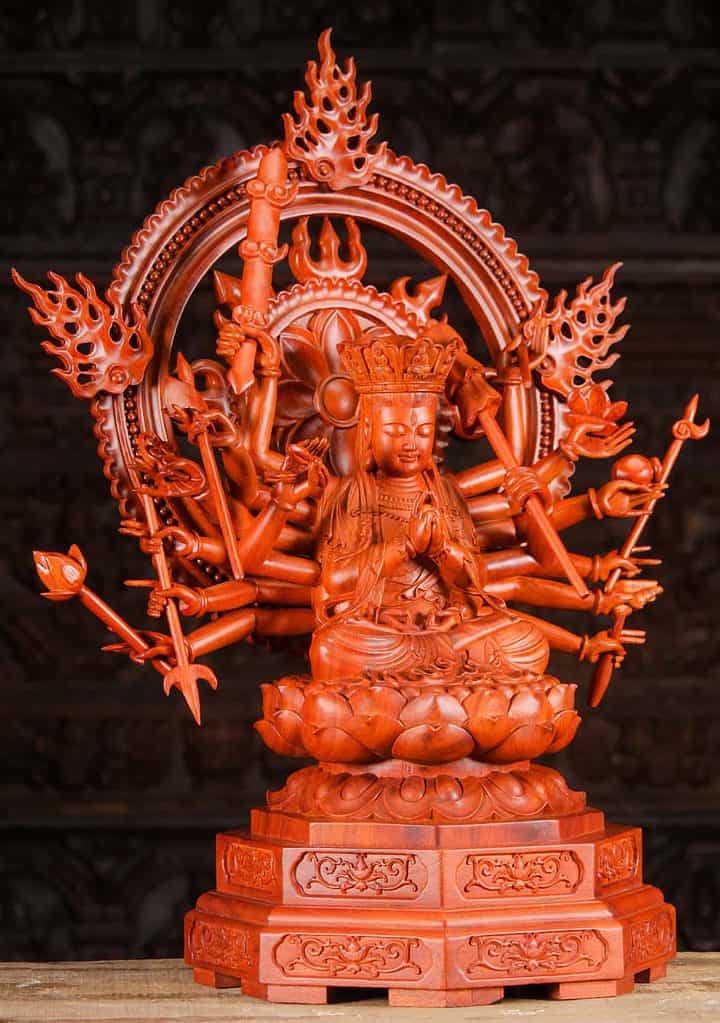 3 Avalokitshvara Wood Sculpture Buddhist Statue Many Arms Namaste Anjali C
