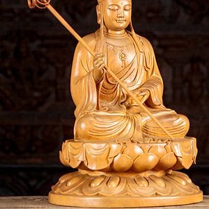 3 Light Vietnamese Wooden Sculpture Seated With Large Staff Holdinf Ball C