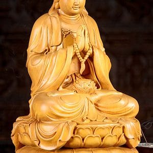 3 Vietnamese Hand Carved Light Colored Wooden Kwan Yin Sculpture C
