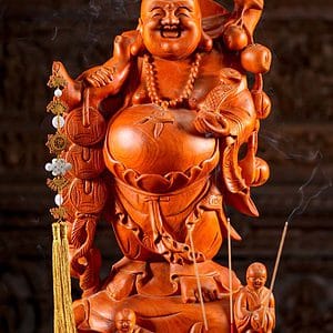 3 Vietnamese Wood Fat Happy Buddha Statue With Children Carving C
