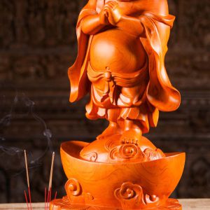 3 Vietnamese Wood Standing Fat Happy Buddha Of Wealth Statue C