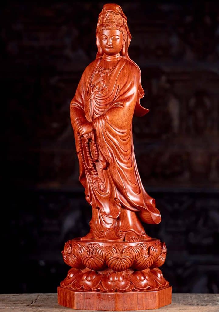 4 Standing Vietnamese Wood Carved Kwan Yin Bodhisattva Sculpture C