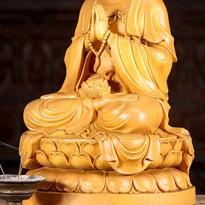 4 Vietnamese Hand Carved Light Colored Wooden Kwan Yin Sculpture C