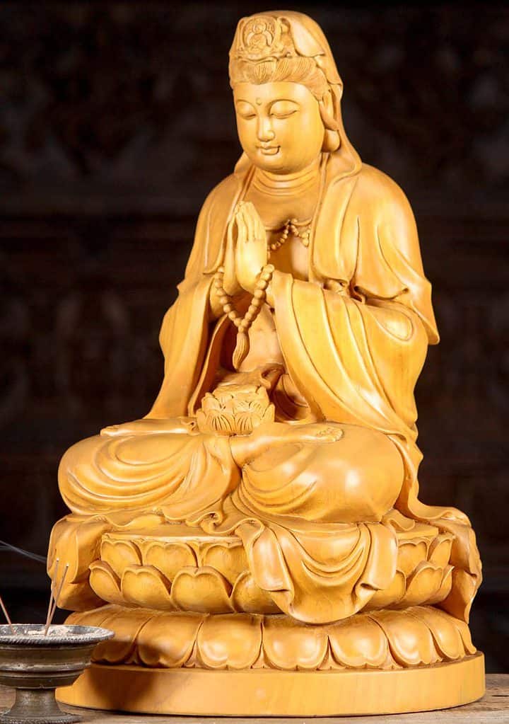 4 Vietnamese Hand Carved Light Colored Wooden Kwan Yin Sculpture C