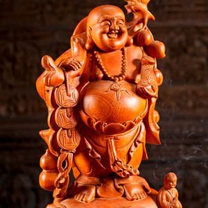 4 Vietnamese Wood Fat Happy Buddha Statue With Children Carving C