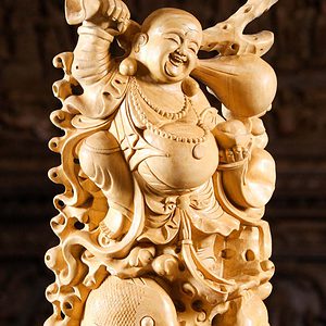 4 Wooden Fat Happy Standing Buddha With Fish C