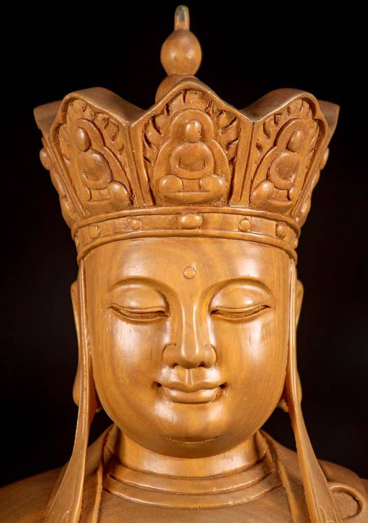 5 Light Vietnamese Wooden Sculpture Seated With Large Staff Holdinf Ball C