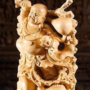 5 Wooden Fat Happy Standing Buddha With Fish C