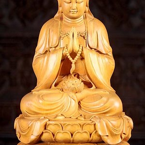 6 Vietnamese Hand Carved Light Colored Wooden Kwan Yin Sculpture C