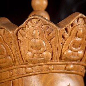 9 Light Vietnamese Wooden Sculpture Seated With Large Staff Holdinf Ball C