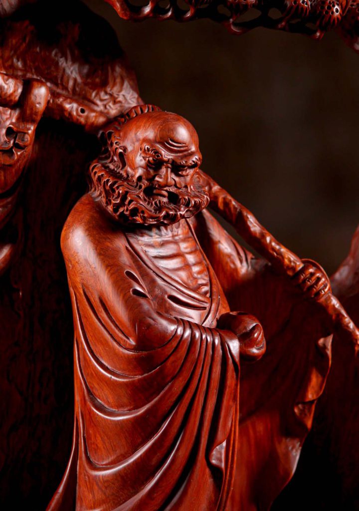 9 Vietnamese Wood Red Bodhidharma In Natural Wood Statue C