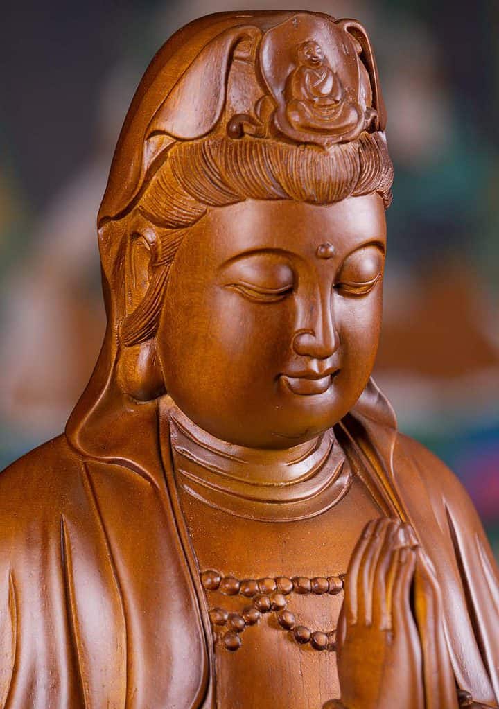 9 Vietnamese Wood Seated Namaste Mudra Kwan Yin Sculpture Brown C